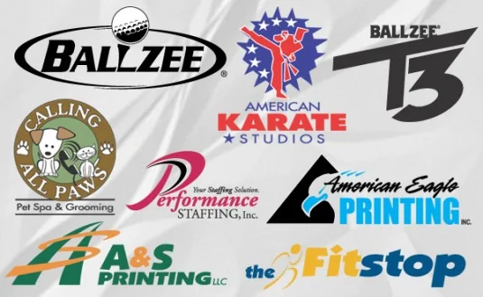 Logo collection: Ballzee, American Karate Studios, Calling All Paws pet spa, Performance Staffing, American Eagle Printing, A&S Printing and The Fitstop